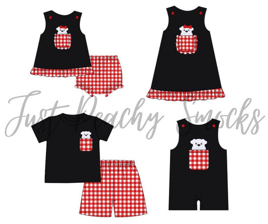 Red/Black Bulldog Applique Collection (Girl Dress, Boy Set, Girl Bloomer)