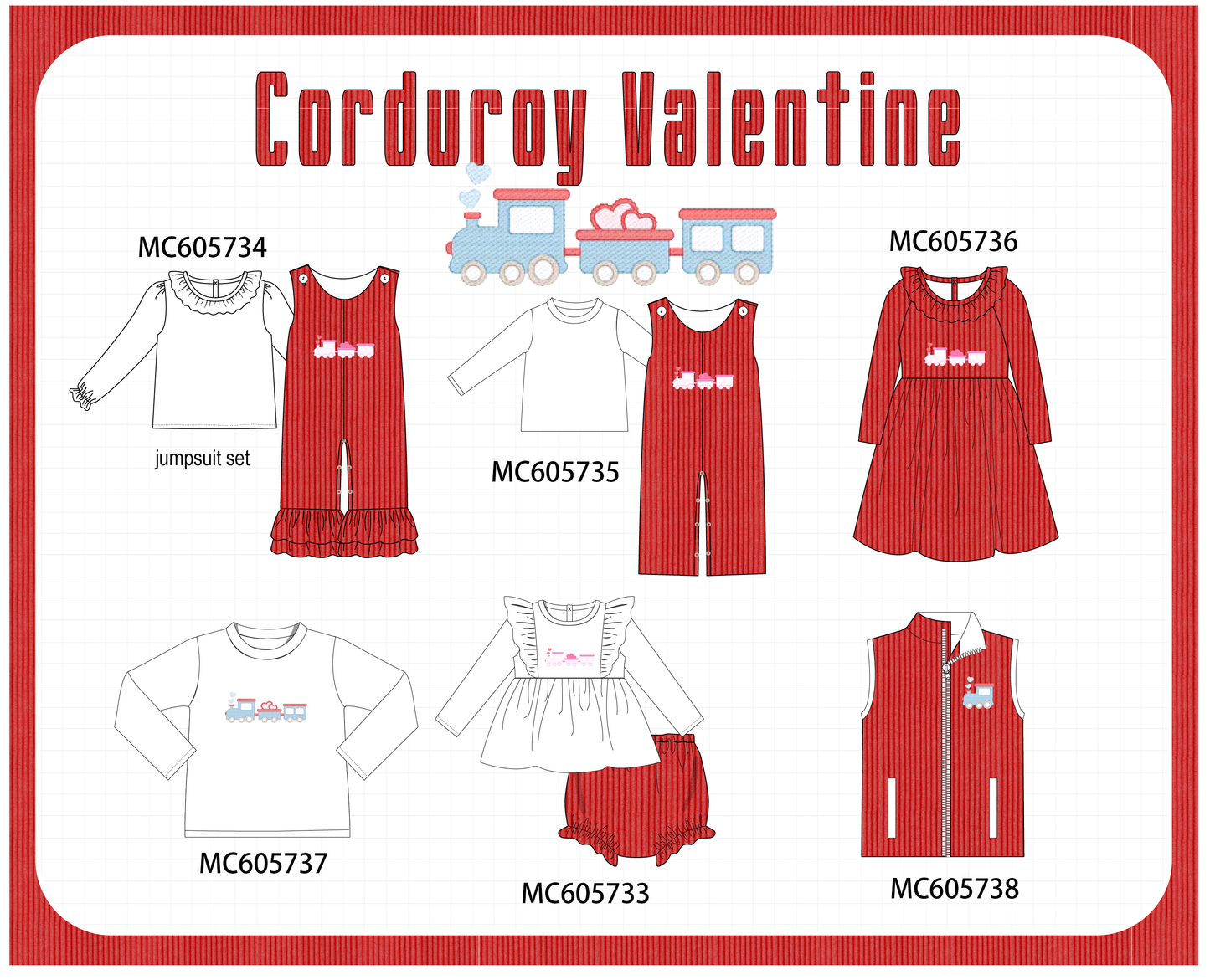 PO95 Red valentine's day corduroy train heart embroidery collection