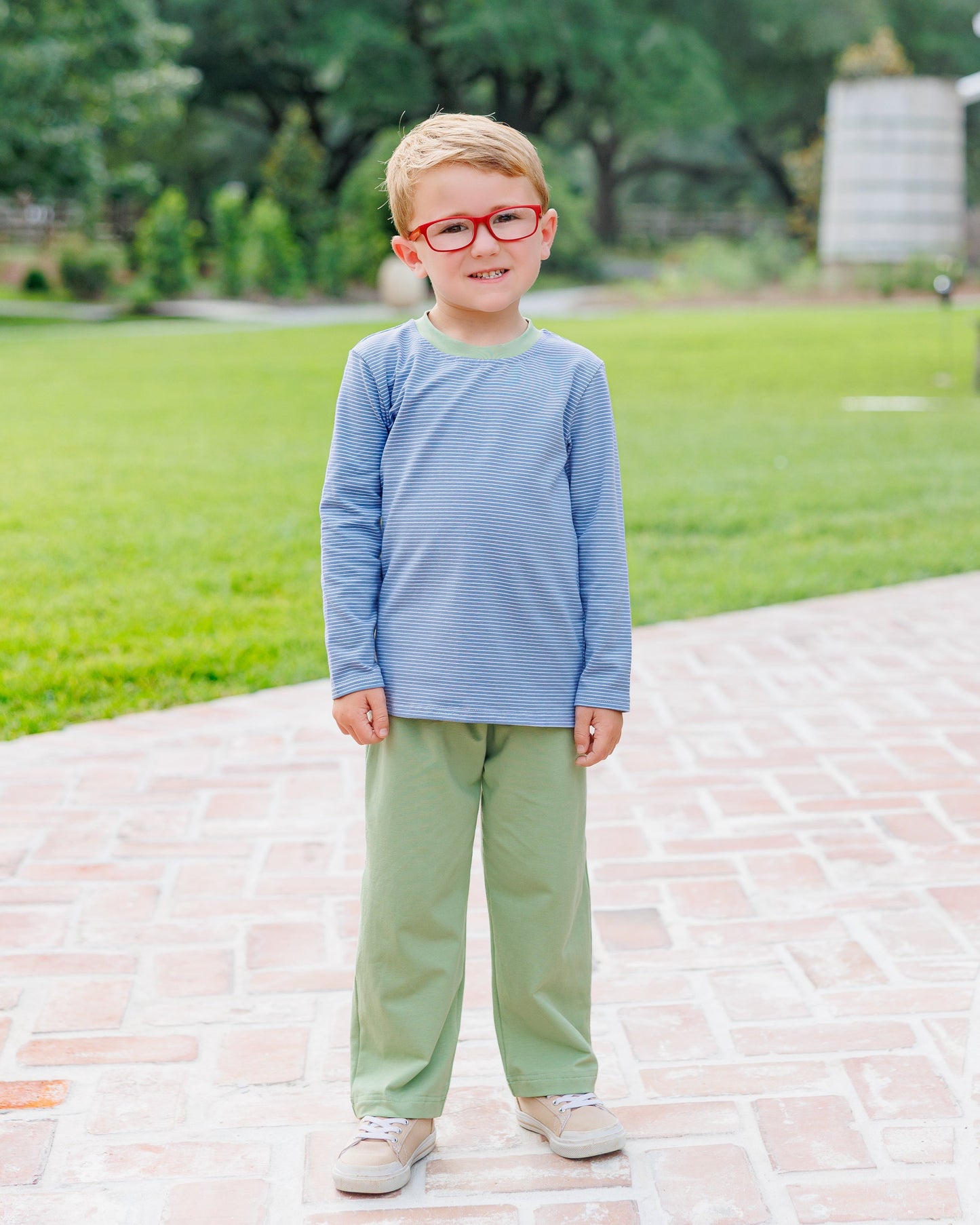 Jellybean Fall - Thomas Pant Set Dusty Blue Stripe & Sage